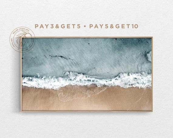 4K Samsung Frame TV Art, Muted Coastal Landscape, Neutral Golden Tropical Beach, Summer Cozy Blue... | Etsy (US)