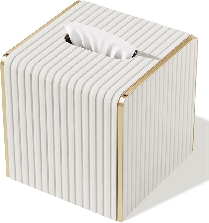 Tissue Box Cover,White Square Leather Tissue Box Holders with Gold-Tone Edging Decoration, Tissue... | Amazon (US)