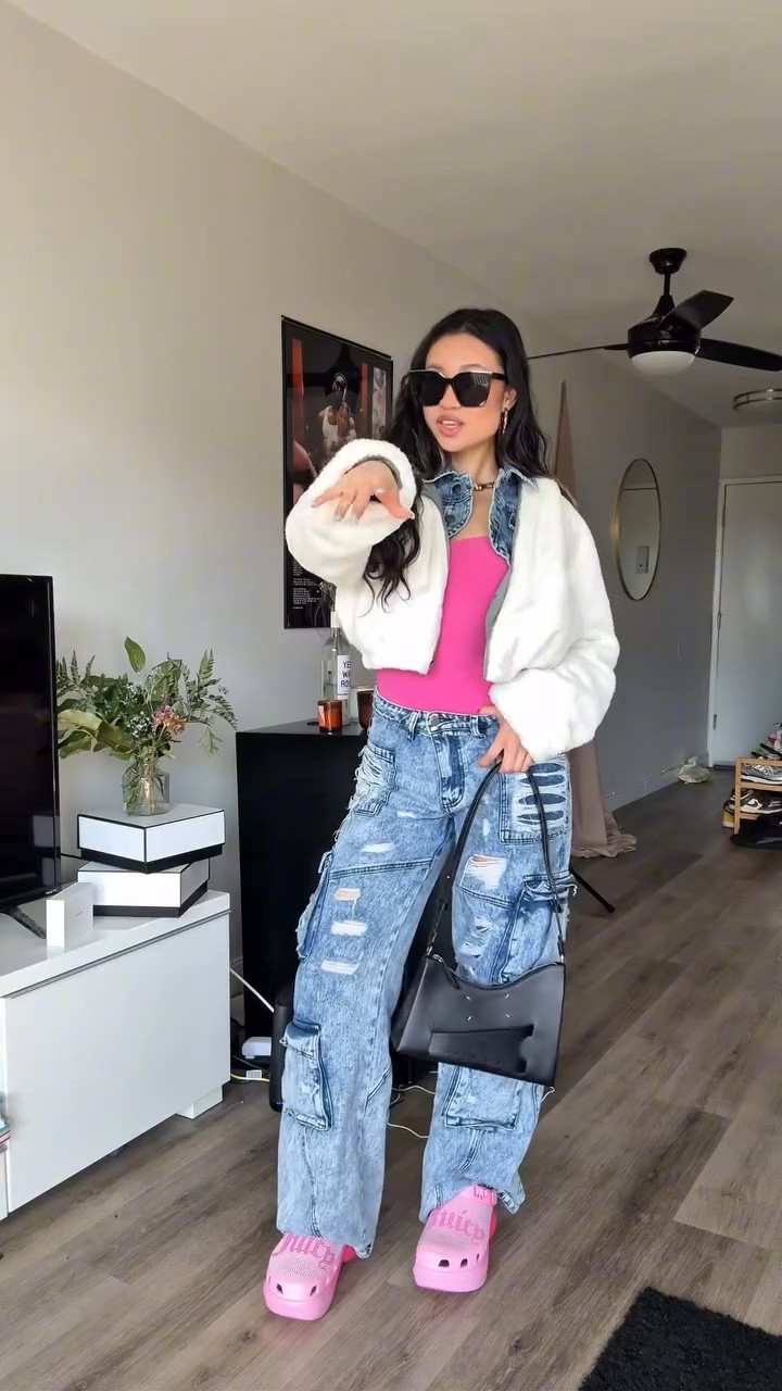 Denim jacket + jeans are from fashion nova!
Jacket is from BP at Nordstrom but is no longer available.

Alo dress in pink is gone but I linked the white version! 

The juicy x croc collab is only found on croc