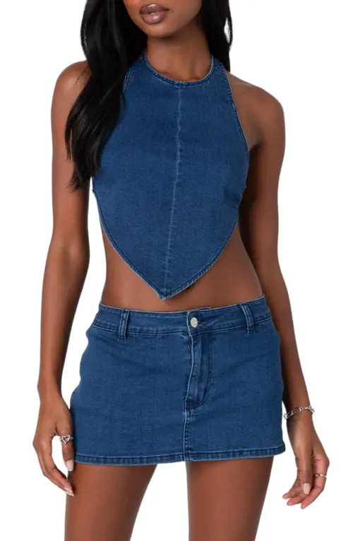 EDIKTED Sydnie Open Back Denim Halter Top in Dark-Blue at Nordstrom, Size X-Small | Nordstrom