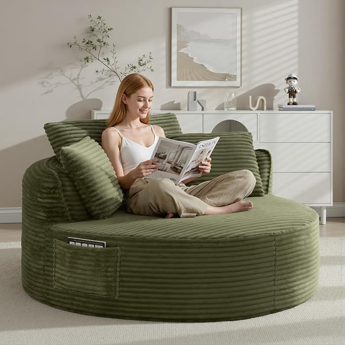 Oversized Round Lounge Chair Indoor, Corduroy Upholstered Deep Seat Cloud Circle Sofa Chair, Fluf... | Amazon (US)