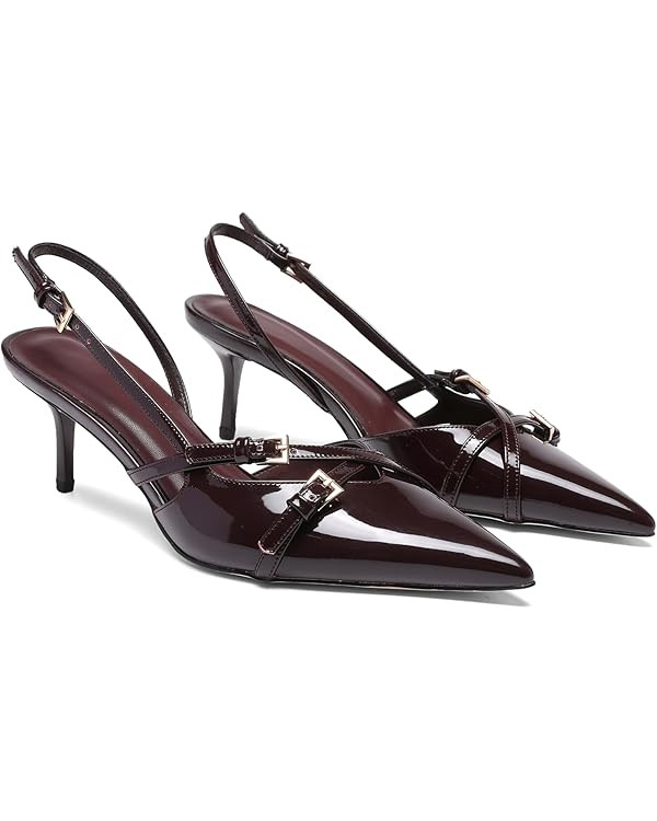Heeled Slingback Kitten Heels for Women Closed Pointed Toe Pumps with Buckles | Amazon (US)