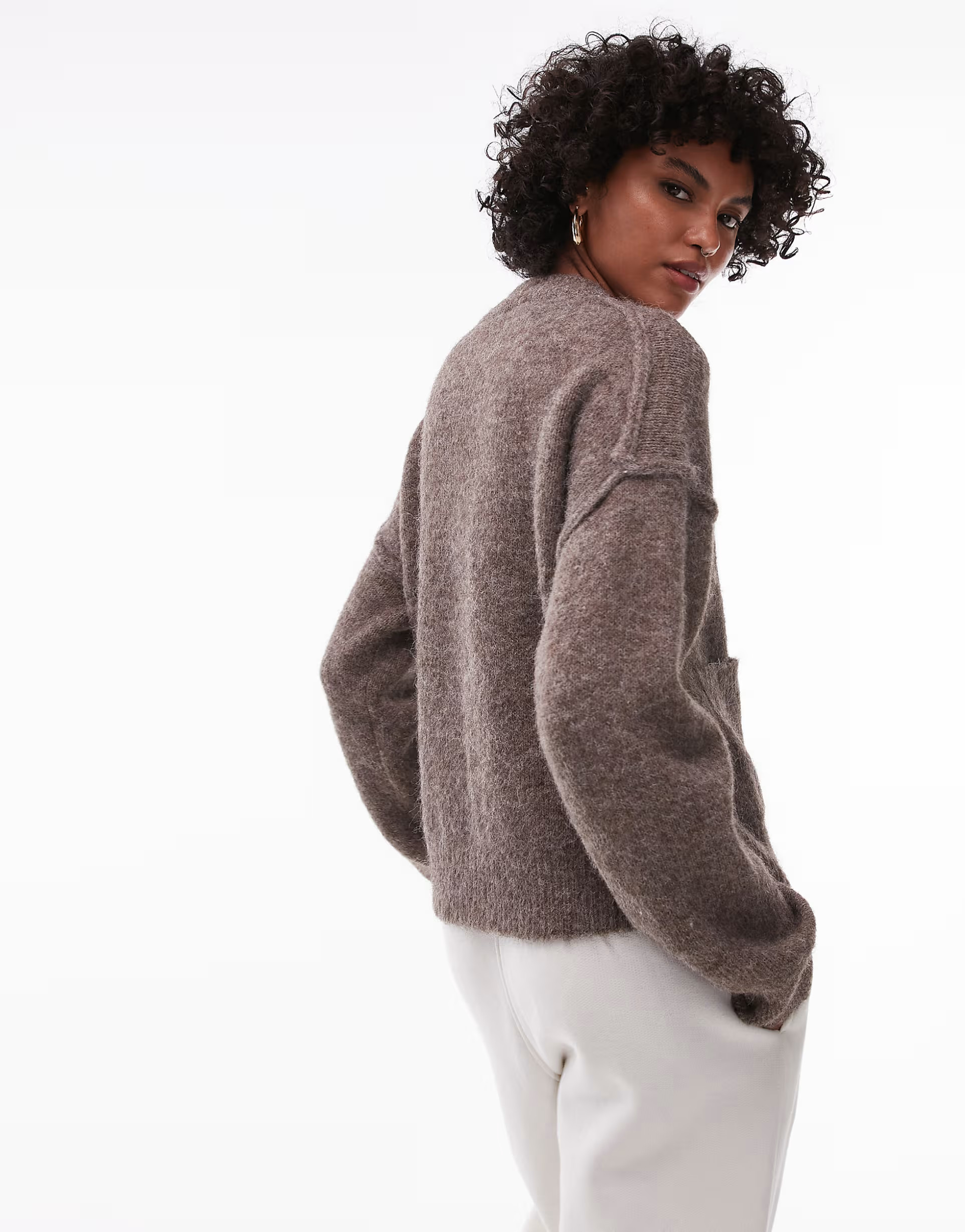 Topshop knitted exposed seam crew cardi with pockets in brown | ASOS (Global)