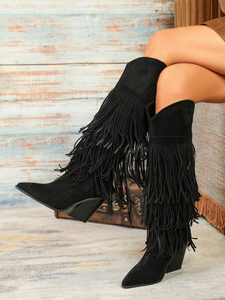 Women's Black Retro Knee-High Fringe Decorated Side Zipper Faux Suede Chunky Heel Vacation Boots,... | SHEIN