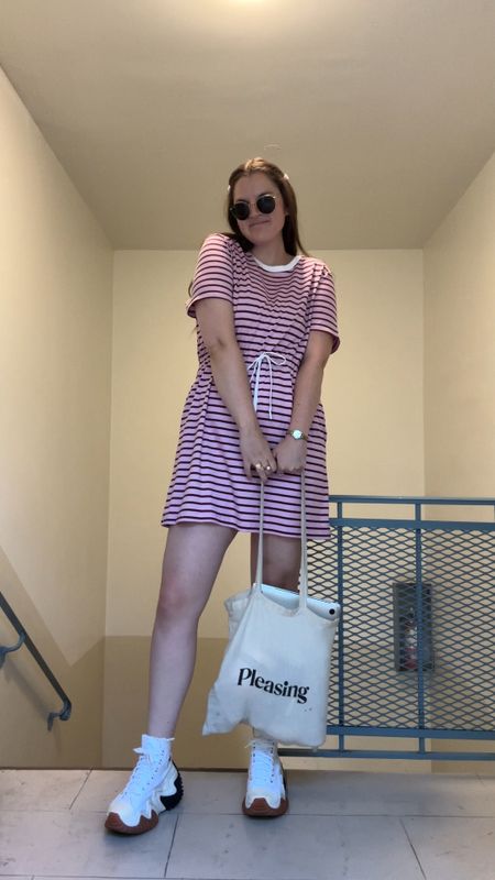 Draper James Tie Waist T-Shirt Dress, pink and purple stripe, tshirt dress, casual outfit, comfy clothes, work outfit, wear to the office, mini dress, spring / summer, on sale, Converse Run Star Motion Hi Sneakers Women Black Sneakers, white shoes, Amazon, gold jewelry from Amazon (hoop earrings, rings), Harry styles pleasing canvas tote 

#LTKunder50 #LTKstyletip #LTKunder100