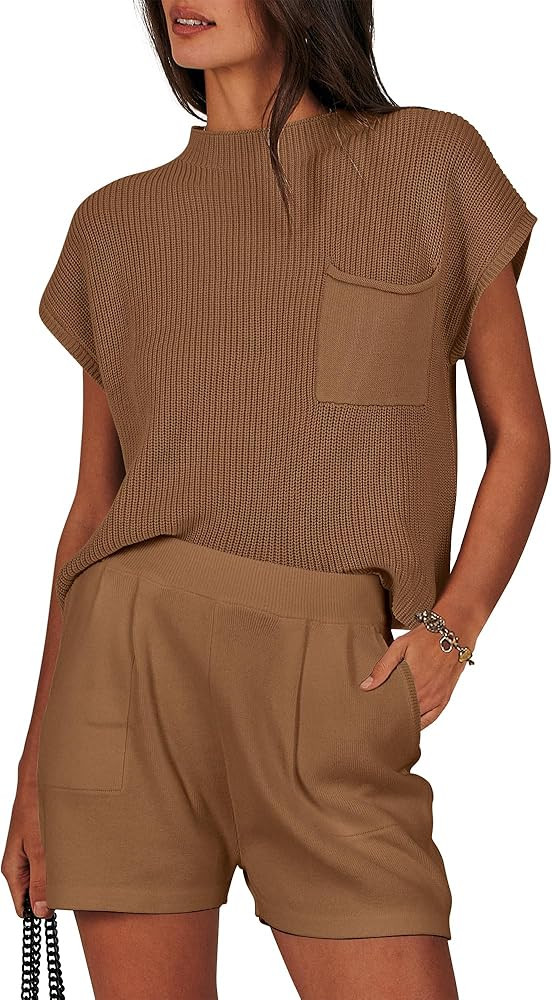 ANRABESS Women's Two Piece Summer Outfits Knit Sweater Short Sets Pullover Tops & Shorts Lounge M... | Amazon (US)