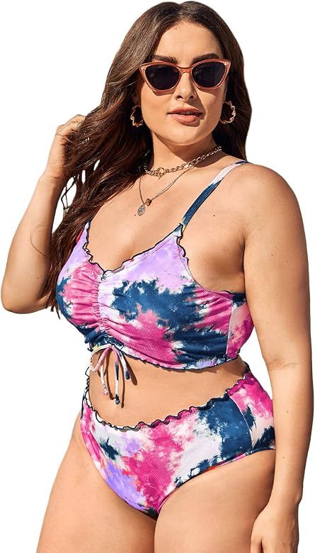 Floerns Women's Plus Size Tie Dye Rib Knit Ruched Drawstring Bikini Swimsuit | Amazon (US)