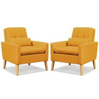 Yellow Upholstered Tufted Armchair Set of 2 with Lumbar Pillow Natural Rubber Wood Legs | The Home Depot