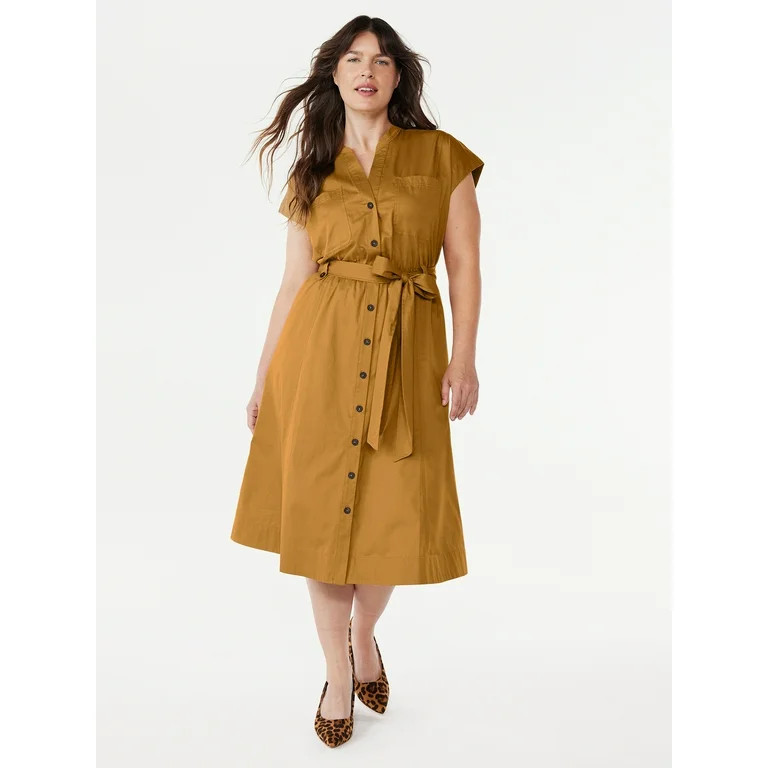 Free Assembly Women's Belted Utility Midi Shirtdress with Short Sleeves, Sizes XS-XXL | Walmart (US)
