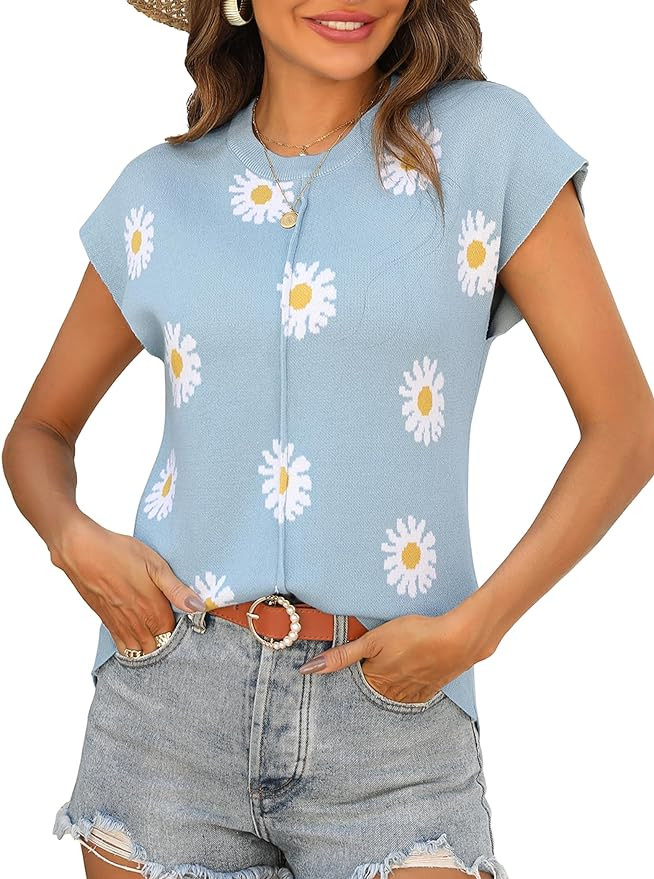 Zeagoo Women's Cap Sleeve Sweater Vest Crew Neck Sleeveless Casual Knit Tops 2024 Summer Clothes ... | Amazon (US)