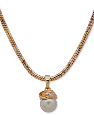 Anne Klein Gold-Tone Imitation Pearl Knot Pendant Necklace, 16" + 3" extender - Macy's | Macy's