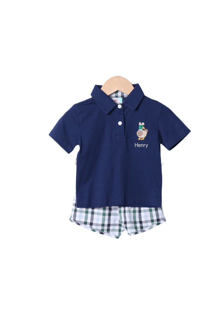 French Knot Mallard Bunny Plaid Polo Short Set | The Smocked Flamingo