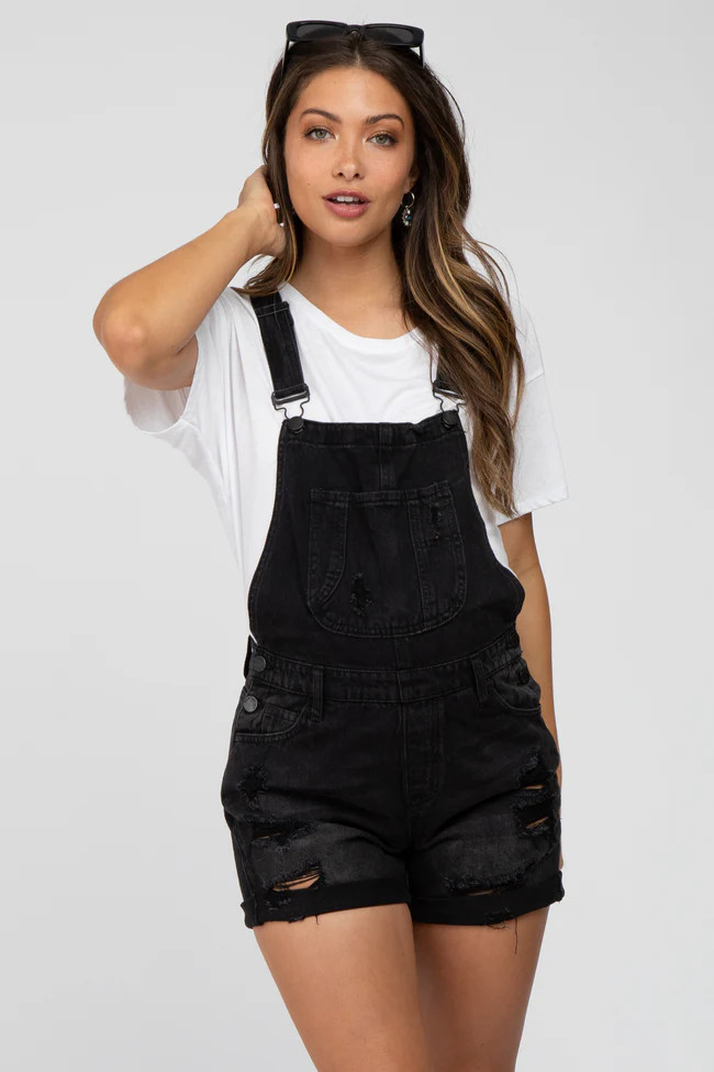 Black Distressed Maternity Denim Short Overalls | PinkBlush Maternity