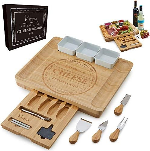 Vistella Charcuterie Cheese Board - Natural Bamboo Platter with drawer and Ceramic Bowls - Knives... | Amazon (US)