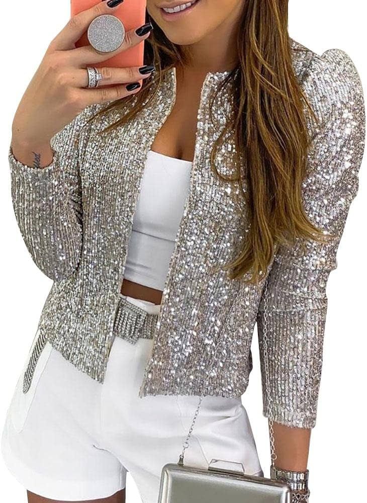 Cololura Women Casual Open Front Sequin Jackets Cardigan Glitter Long Sleeve Short Coats Crop Bla... | Amazon (US)
