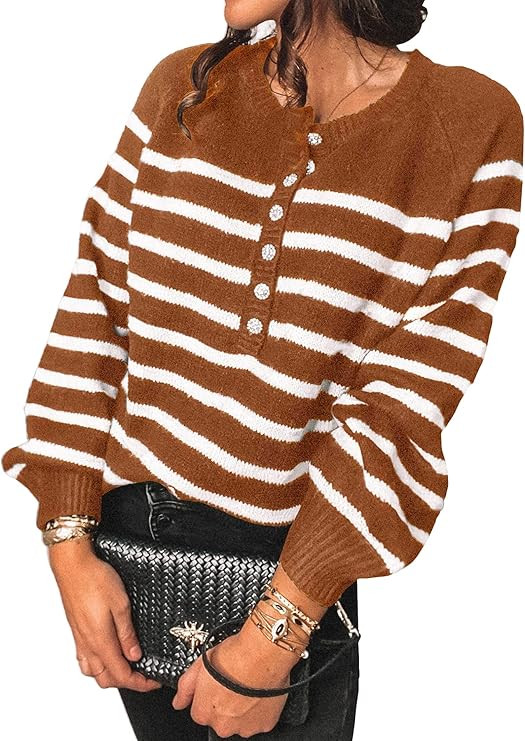 BTFBM Women Long Sleeve Cute Striped Button Down Sweaters Pullover Crew Neck Loose Casual Warm Wi... | Amazon (US)