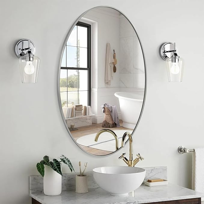 Oval Mirror 20x30 Brushed Nickel Bathroom Mirror Stainless Steel Metal Frame Vanity Mirror Wall M... | Amazon (US)