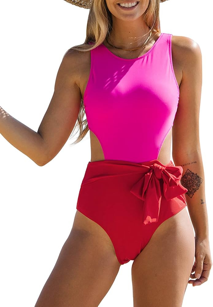 popvil One Piece Bathing Suit for Women High Waisted Cutout Swimsuit Scoop Neck Swimwear | Amazon (US)