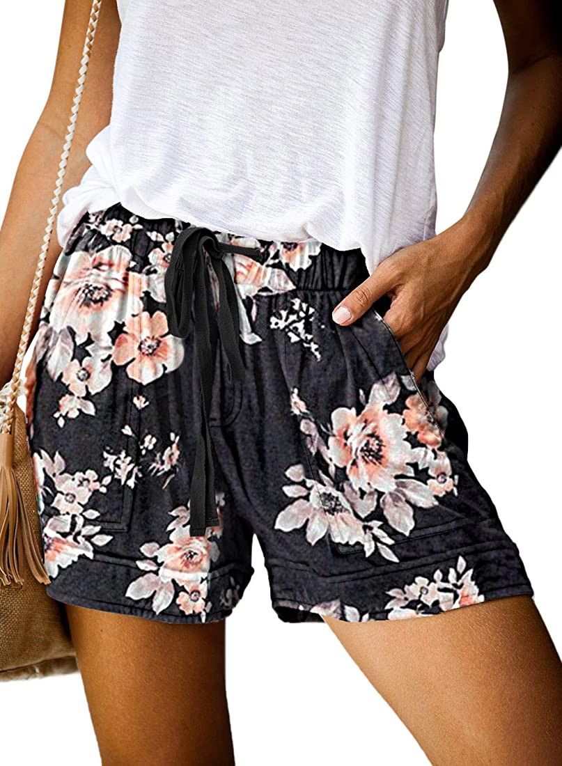 KINGFEN Women Casual Cotton Shorts Drawstring Comfy Elastic Waist Shorts Summer Pull On Short wit... | Amazon (US)