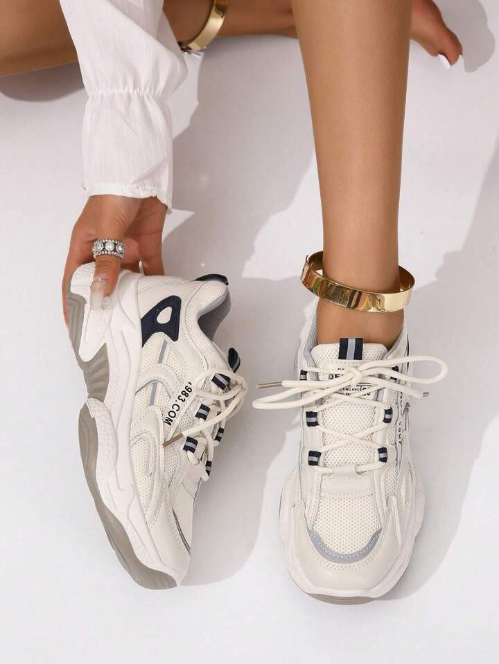 Sporty Chunky Sneakers For Women, Letter Graphic Lace-up Front Sneakers | SHEIN