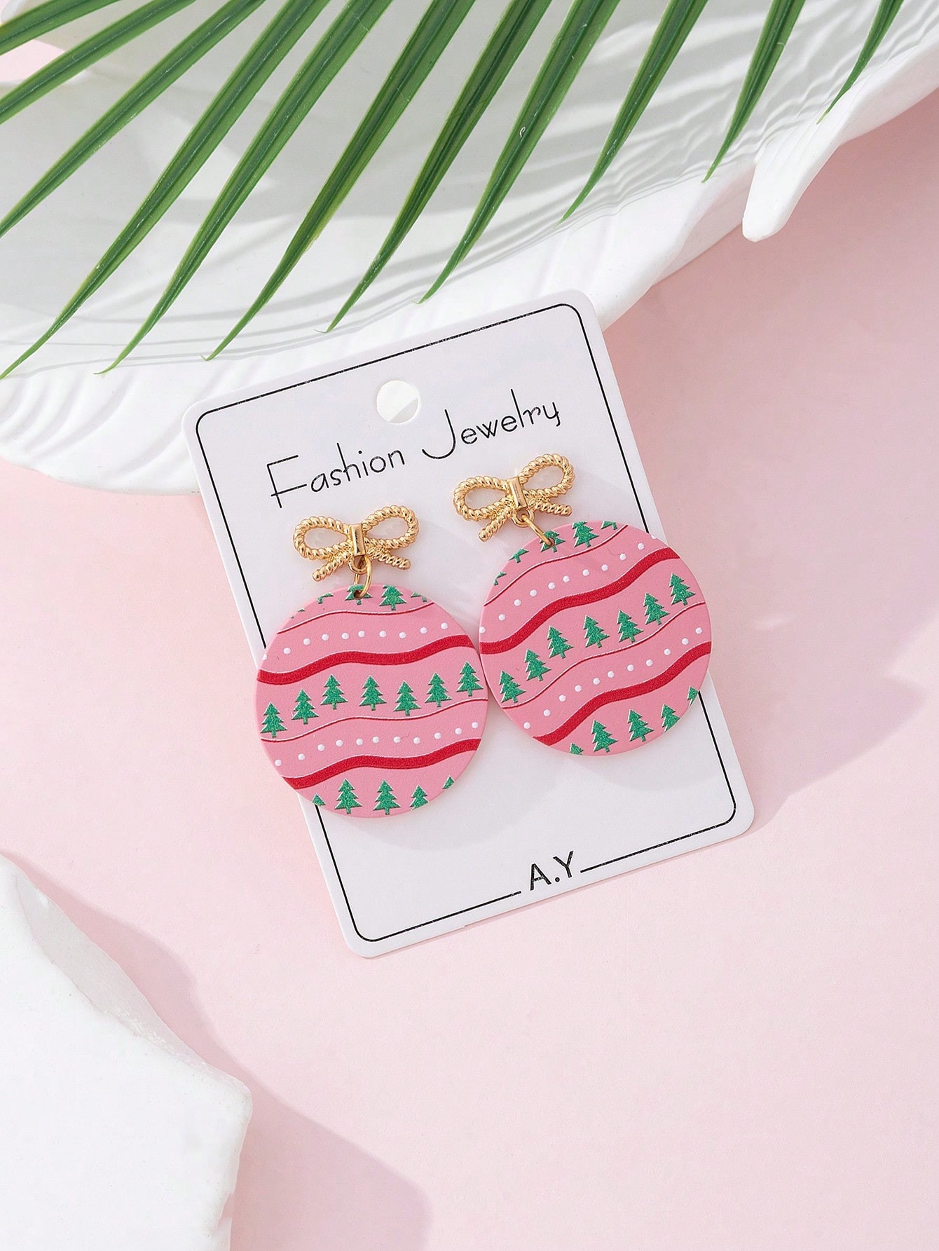1 Pair Christmas Bow & Colorful Christmas Tree Round Enamel Faux Soft Ceramic Design Women Fashion Jewelry Earrings, Perfect Gift For Holiday Parties | SHEIN