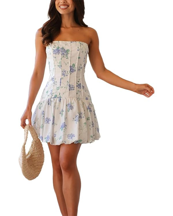 Women's Corset Mini Dress Summer Strapless Floral Print Tube Top Dress Short Bubble Dress | Amazon (US)