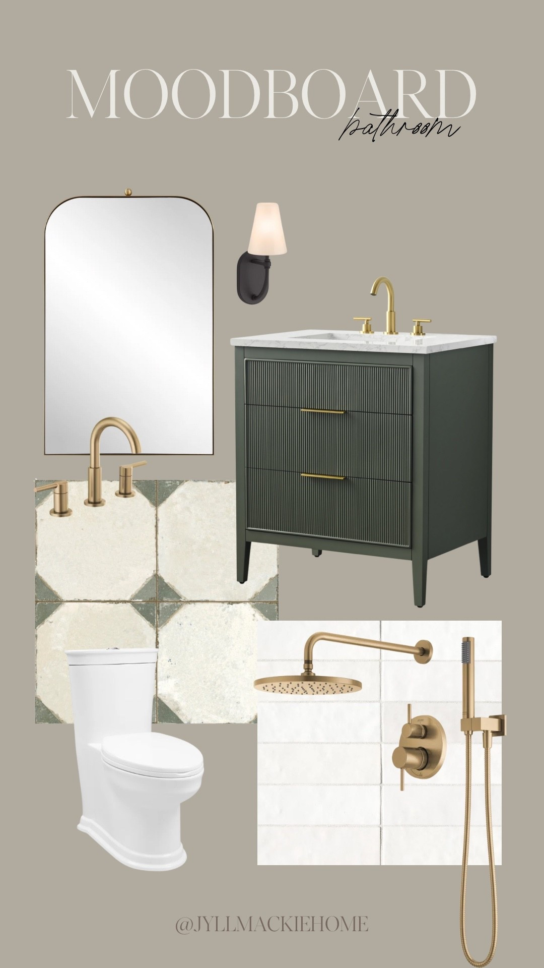 Bathroom moodboard, green bathroom vanity, shower tile, floor tile, brass fixtures 

#LTKHome