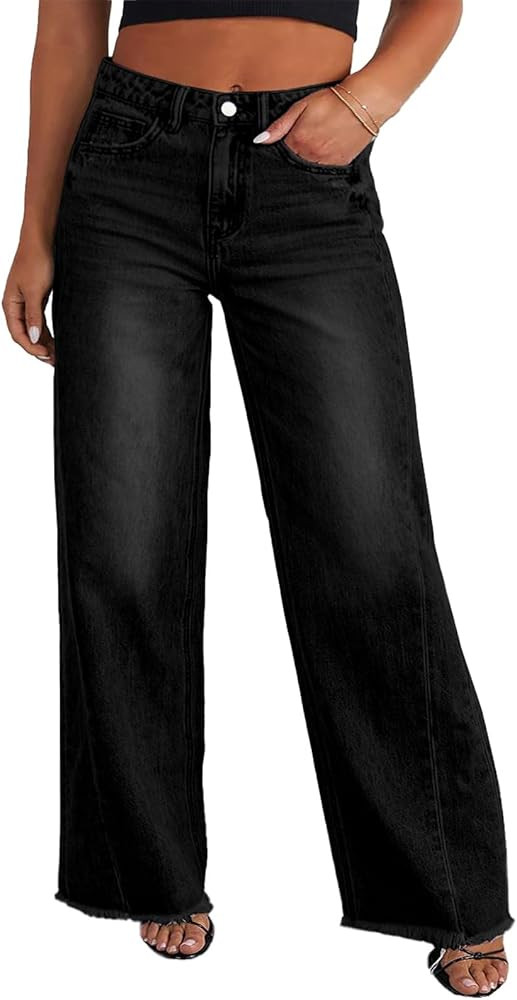 Eytino Women's Plus Size Wide Leg Jeans Elastic High Waist Stretchy Raw Hem Denim Pants with Pock... | Amazon (US)