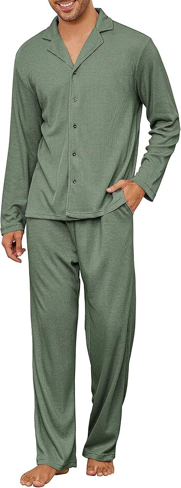 Andeip Men's Pajama Set Waffle Knit Lounge Pjs Set Long Sleeve Top and Pants Sleepwear 2 Piece Butto | Amazon (US)
