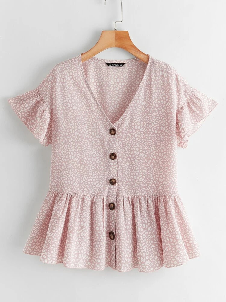 SHEIN Ruffle Cuff Button Front Dalmatian Print Peplum Blouse | SHEIN