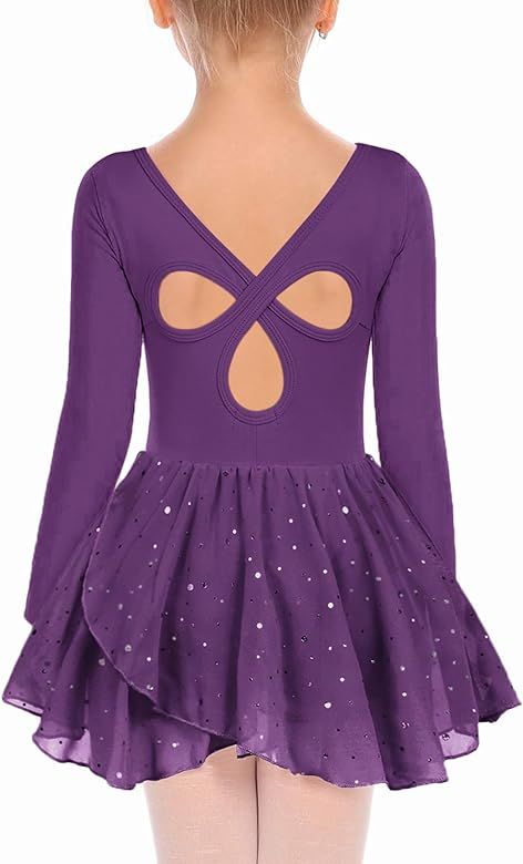 Girls Long Sleeve Ballet Leotards with Skirt Kids Hollow Back Shiny Dance Dresses | Amazon (US)