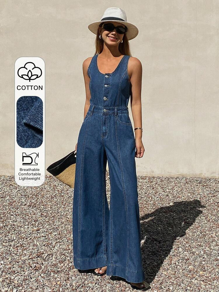 DAZY Women's Sleeveless Adjustable Strap Loose Straight Leg Casual Denim Jumpsuit Vacation | SHEIN