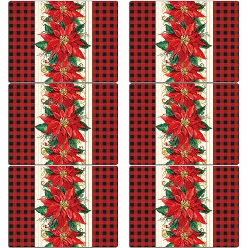 Christmas Poinsettia Placemats Set of 6 Red Watercolor Poinsettia Plastic Table Mats Christmas Xmas Red Flower Place Mats Winter Holiday Table Decoration for Indoor Outdoor Party Kitchen Dining | Amazon (US)