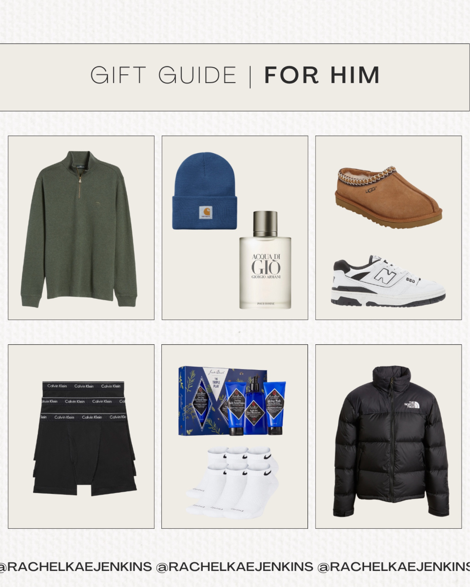 Gift guide for him! 🧔🏽‍♂️
I included everything I have gotten for my man in the past and maybe something’s I’m getting for him this year 😉
I love the New Balance 550s, they are so comfy and love how they go with everything!
The North Face jacket is the best for the colder months and is a must have living in Utah!
I love giving my guy fragrance and skin care for holidays bc It gives me an excuse to give them scents and products that I LIKE!🤣

Gift guide for men, gift guide for boys, boyfriend Gift guide, husband gift guide, gifts for husband, gifts for boyfriends, mens fragrance, mens fashion, mens shoes🤍

#LTKmens #LTKGiftGuide #LTKstyletip