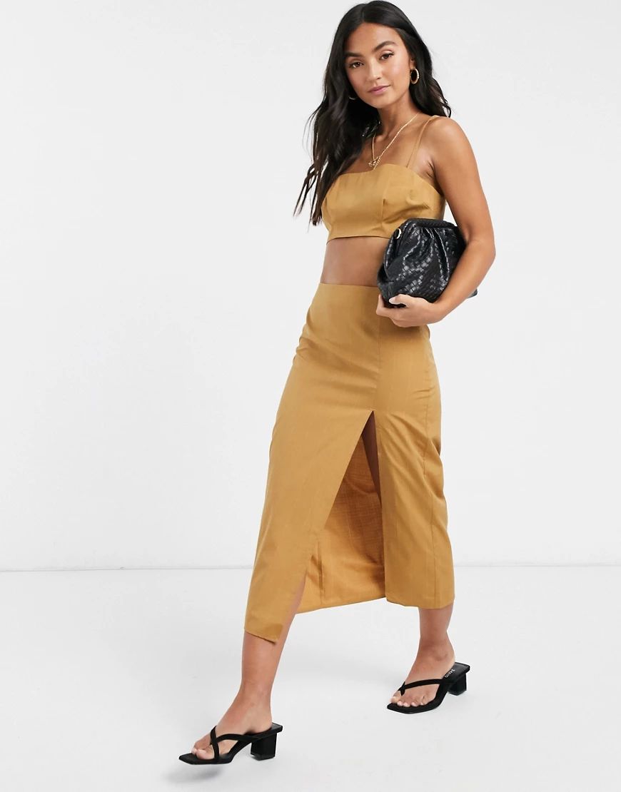 ASOS DESIGN 3 piece suit midi skirt in camel pinstripe-Multi | ASOS (Global)