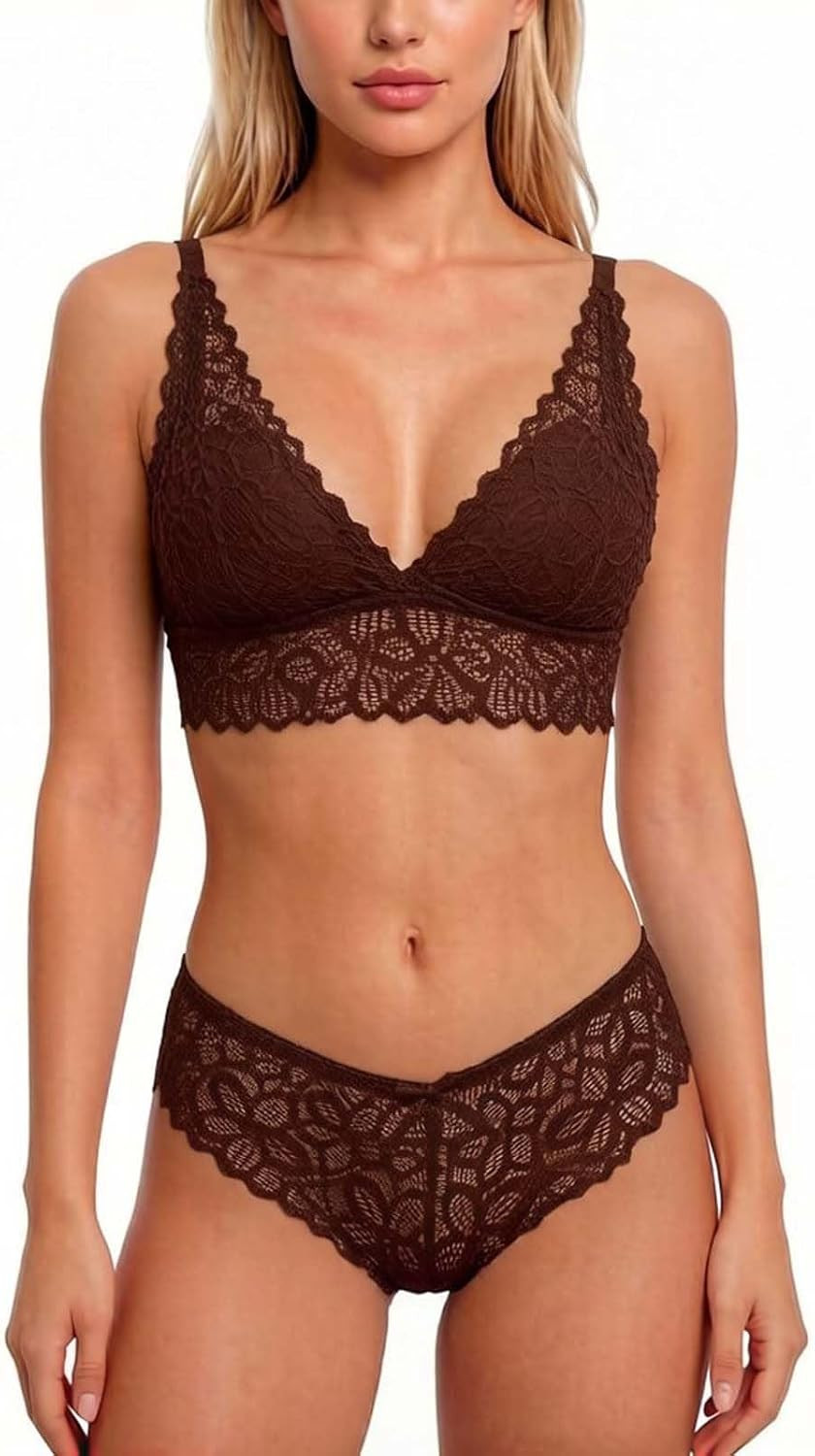 Women's Floral Lace Bralette and Panty Set, Wireless Bra and Panty Pajamas Lingerie Set 2 Pieces Nightwear | Amazon (US)