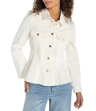 Stretch Denim Striped Point Collar Long Sleeve Trucker Peplum Jacket | Dillard's