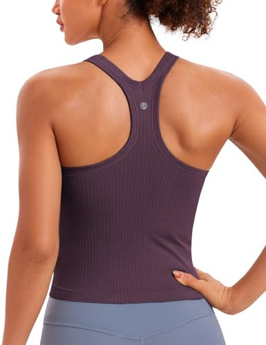 CRZ YOGA Womens Seamless Ribbed Racerback Workout Tank Tops - Padded Scoop Neck Athletic Camisoles with Built in Bra Grape Thistle Purple X-Large | Amazon (US)