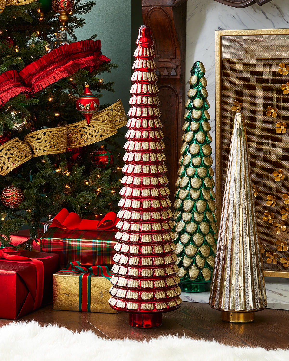 36" Red and Gold Decorative Glass Tree | Neiman Marcus