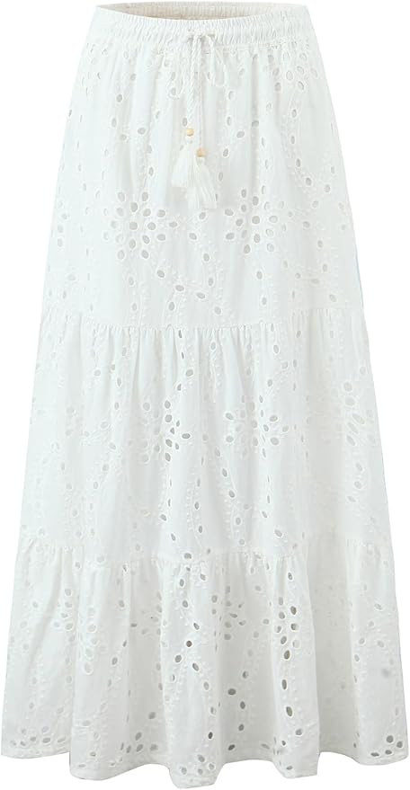 Women's Eyelet Embroidery Ruffle Hem Boho Long Skirt Elastic Waist Flowy A-line Elegant Maxi Skir... | Amazon (US)