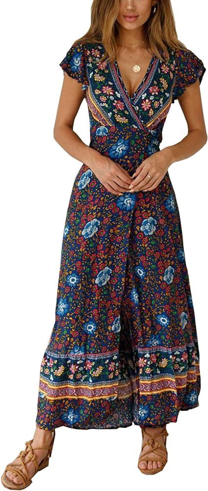 Women’s Summer V Neck Wrap Vintage Floral Print Short Sleeve Split Belted Flowy Boho Beach Long... | Amazon (US)