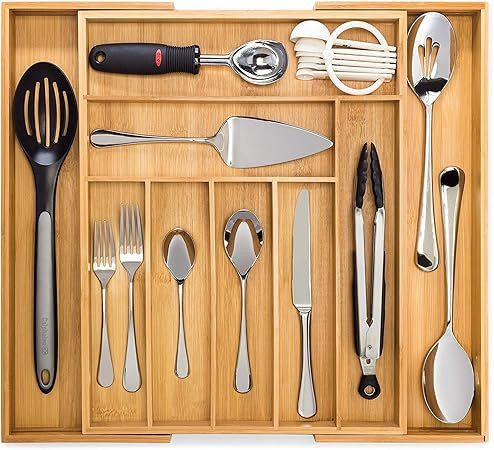 Bamboo Expandable Drawer Organizer, Premium Cutlery and Utensil Tray, 100% Pure Bamboo, Adjustabl... | Amazon (US)