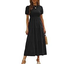 CCTOO Women's Dresses Casual Plaid Round Neck Short Puff Sleeve Ruffled Flowy Pleated Boho Midi G... | Amazon (US)