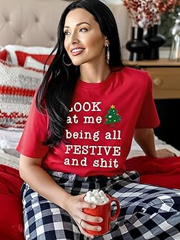 Christmas Shirts for Women Santa Holiday Short Sleeve Tops Xmas Graphic Print T Shirt | Amazon (US)