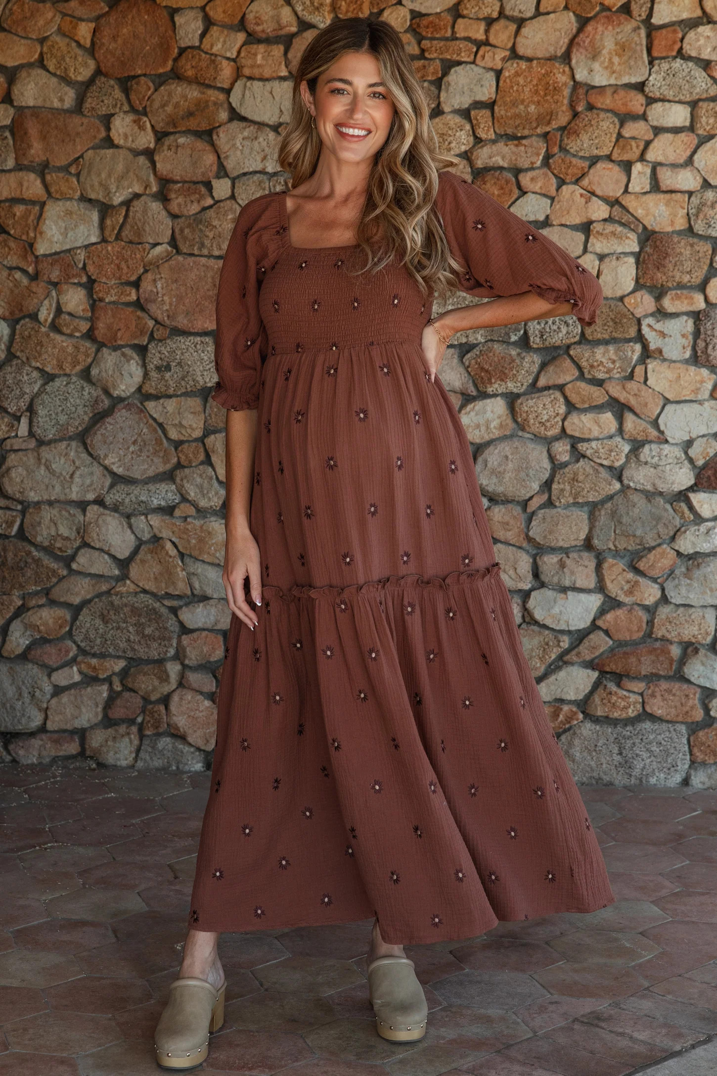 Brown Floral Smocked Puff Sleeve Maternity Maxi Dress | PinkBlush Maternity