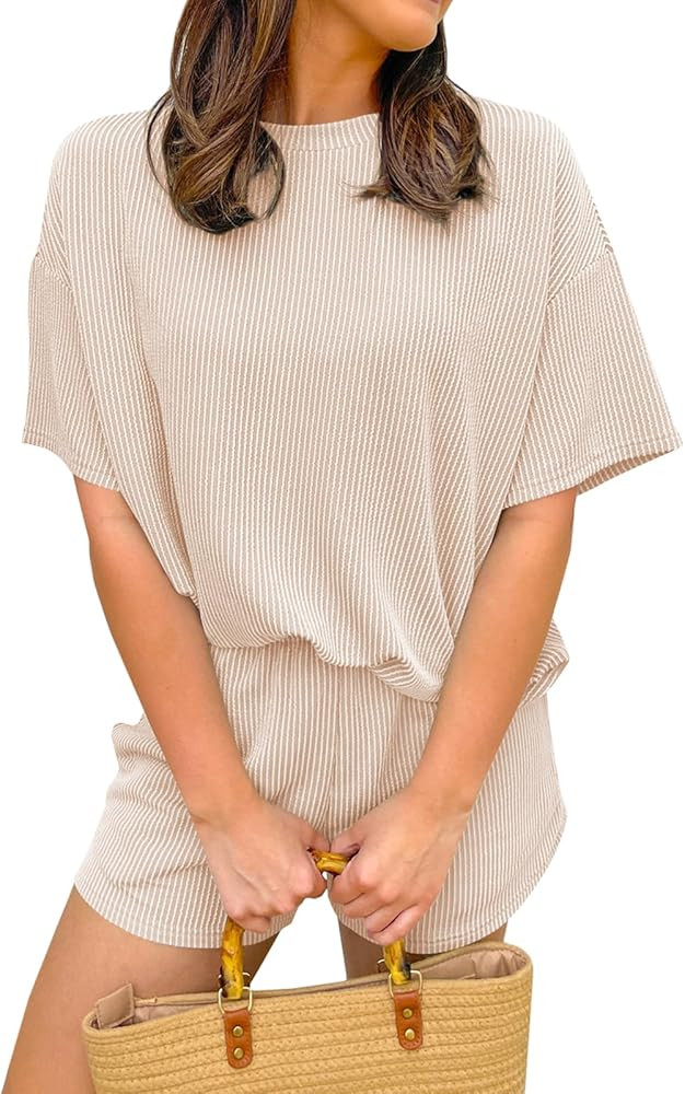 miduo Womens 2 Piece Sets Ribbed Textured Knit Casual Short Sleeve Shirts Shorts Two Piece Lounge... | Amazon (US)