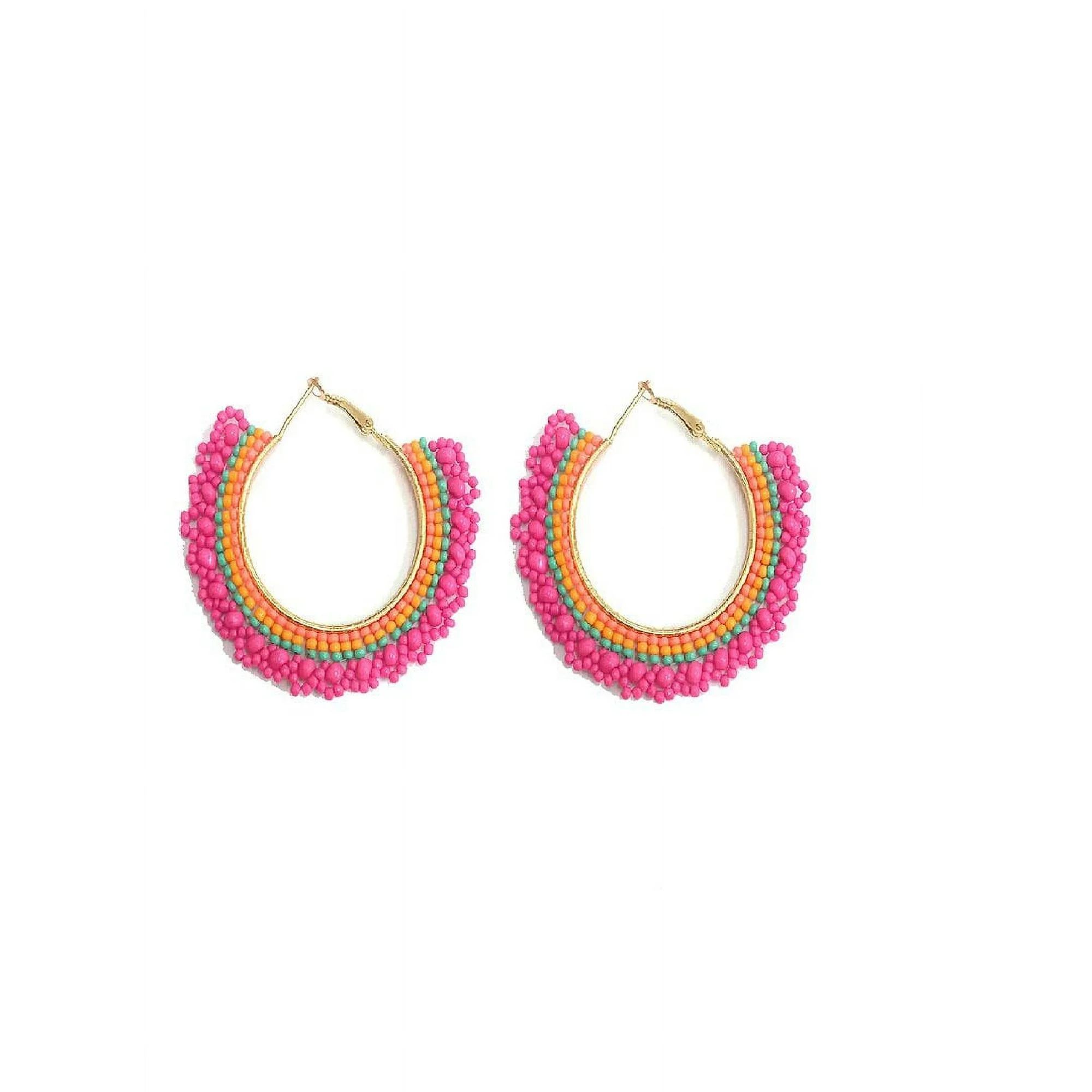 Time and Tru Women's Seed Bead Hoop Earrings, Pink | Walmart (US)