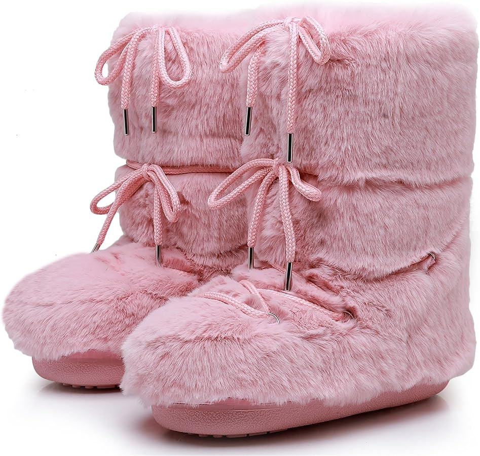 Black White Fur Boots, Furry Fuzzy Snow Boots for Women with Faux Fur Lined Non-Slip Lace-up Mid-... | Amazon (US)