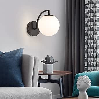 Mid Century Wall Sconce Modern Style Black Wall Light Fixture with Milky Globe Black Stylish Bath... | Amazon (US)