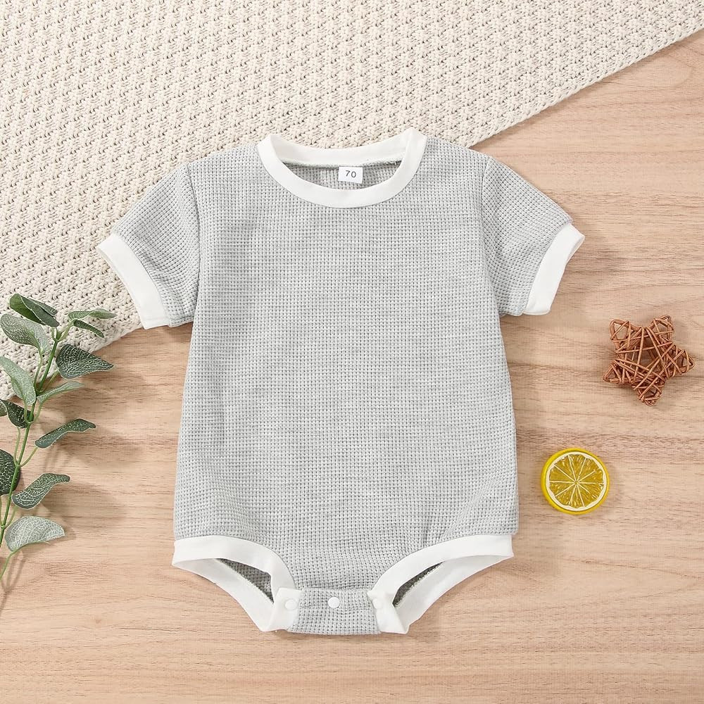 Unisex Baby Girl Boy Romper Short Sleeve Shirt Waffle Knitted Onesie Crewneck Bodysuit Summer Clothe | Amazon (US)